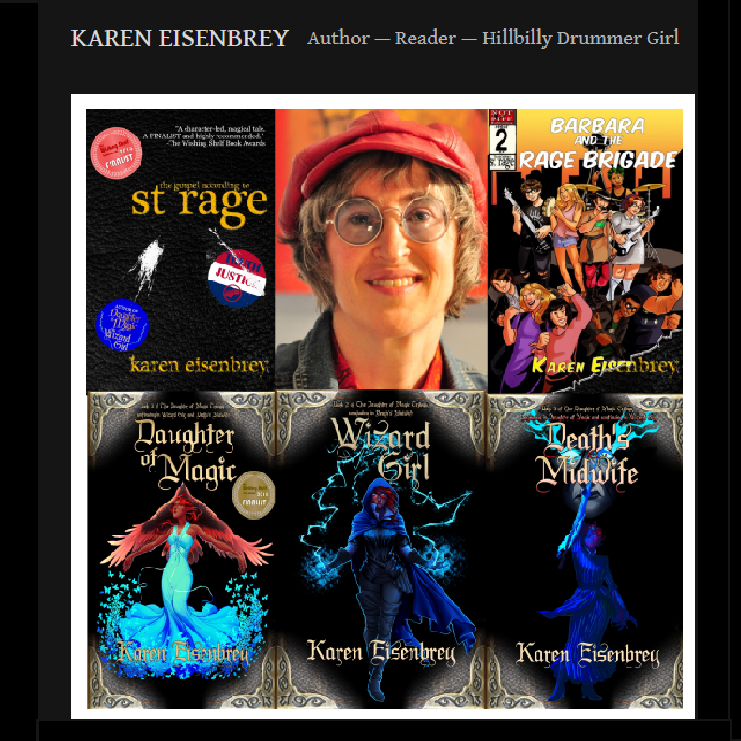 A headshot of Karen Eisenbrey smiling at the camera is depicted alongside a montage of her book covers.