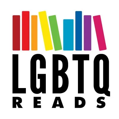 A graphic of various book spines in rainbow colors above the words LGBTQ Reads