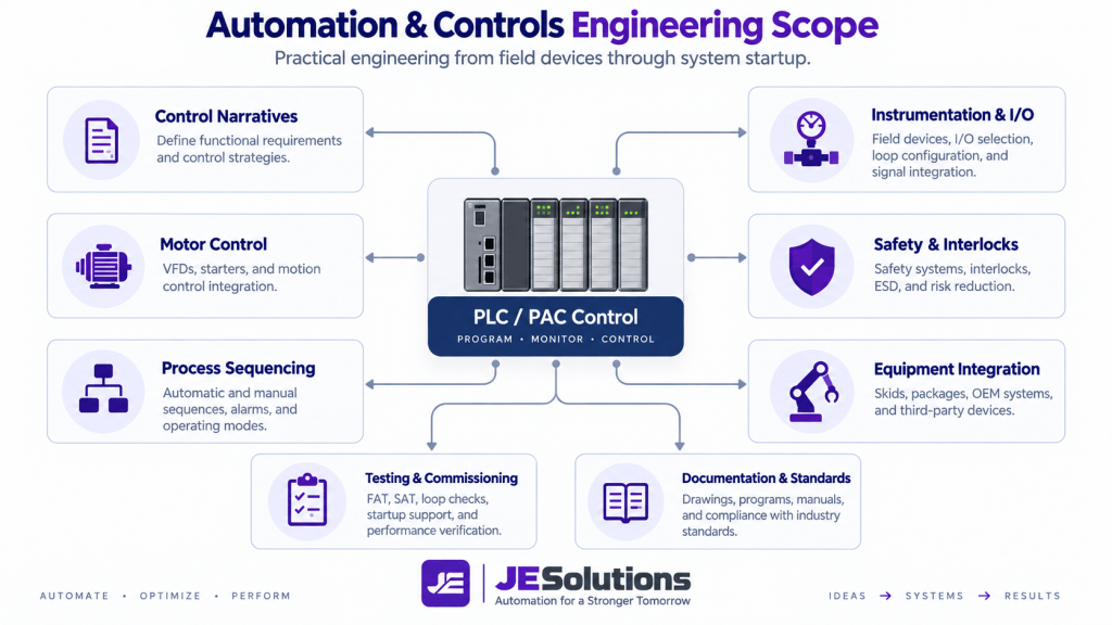Automation and controls engineering scope showing PLC/PAC control connected to instrumentation, motor control, sequencing, safety, integration, commissioning, and documentation.