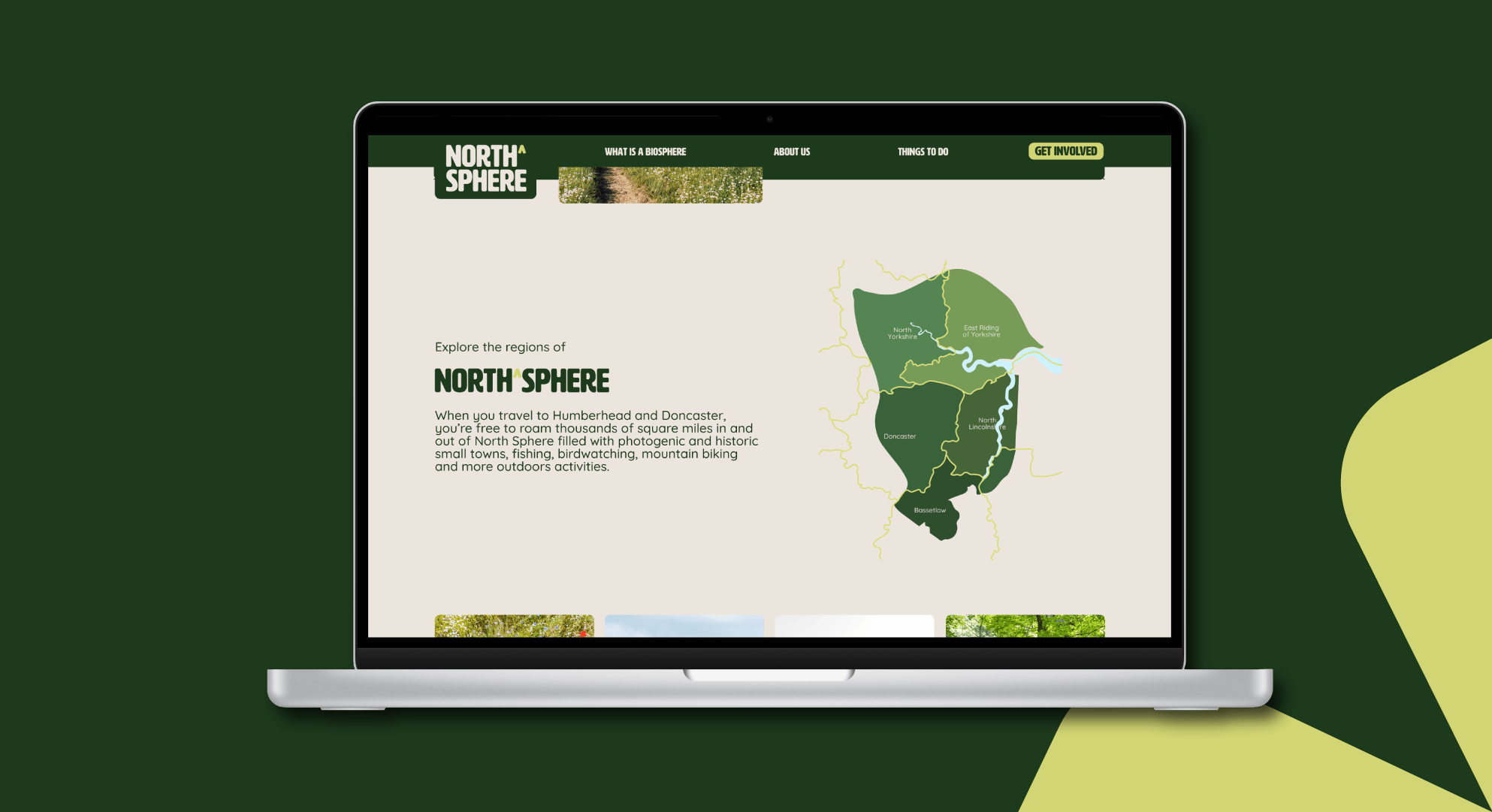 North Sphere brand guidelines, this page depicts the website with a map of the North Sphere region.