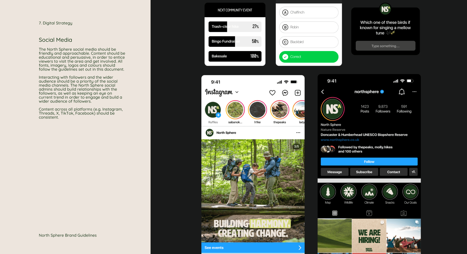 North Sphere brand guidelines for digital strategy, social media. There are Instagram profile pictures, posts and stories with Northsphere branded content.