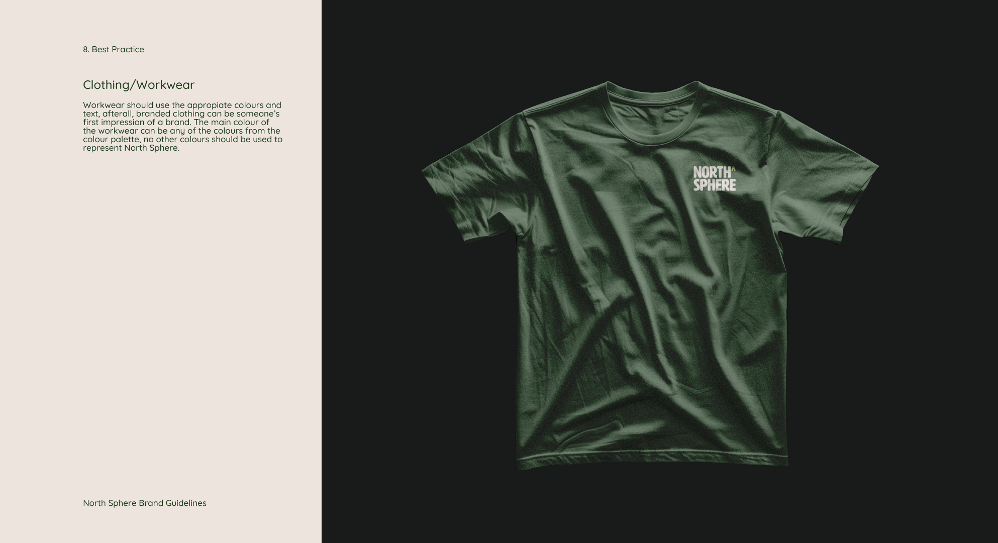 North Sphere brand guidelines, this clothing/workwear page depicts a dark green branded t-shirt, with the white North Sphere logo variant in the top right chest of the shirt.