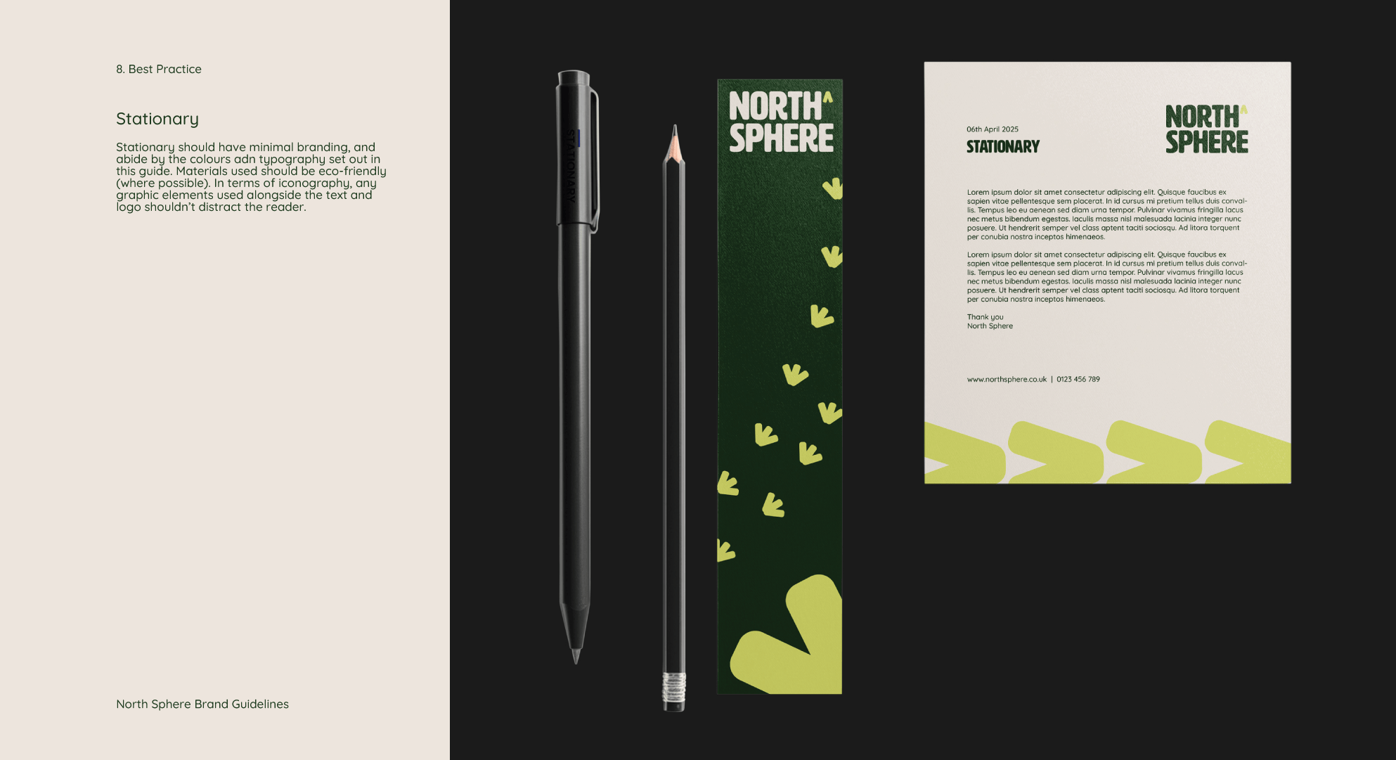 North Sphere brand guidelines, this stationary page has some mockups of a pen, pencil, bookmark, and a legal document.