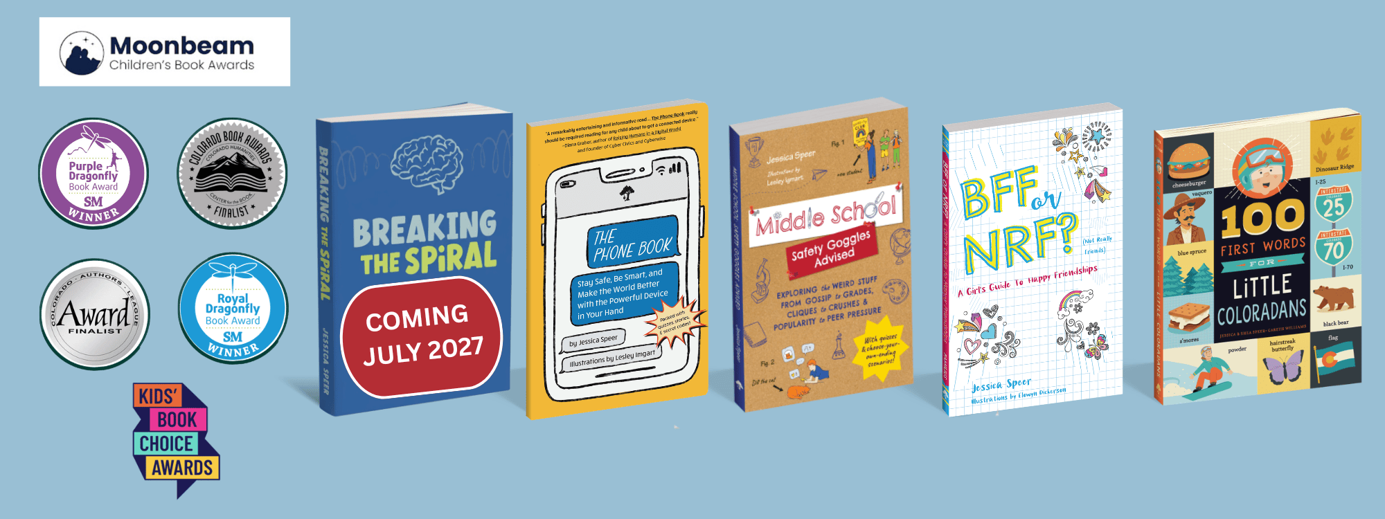 Image of the covers of Jessica Speer's five books along with seals of the awards that are summarized in the web page