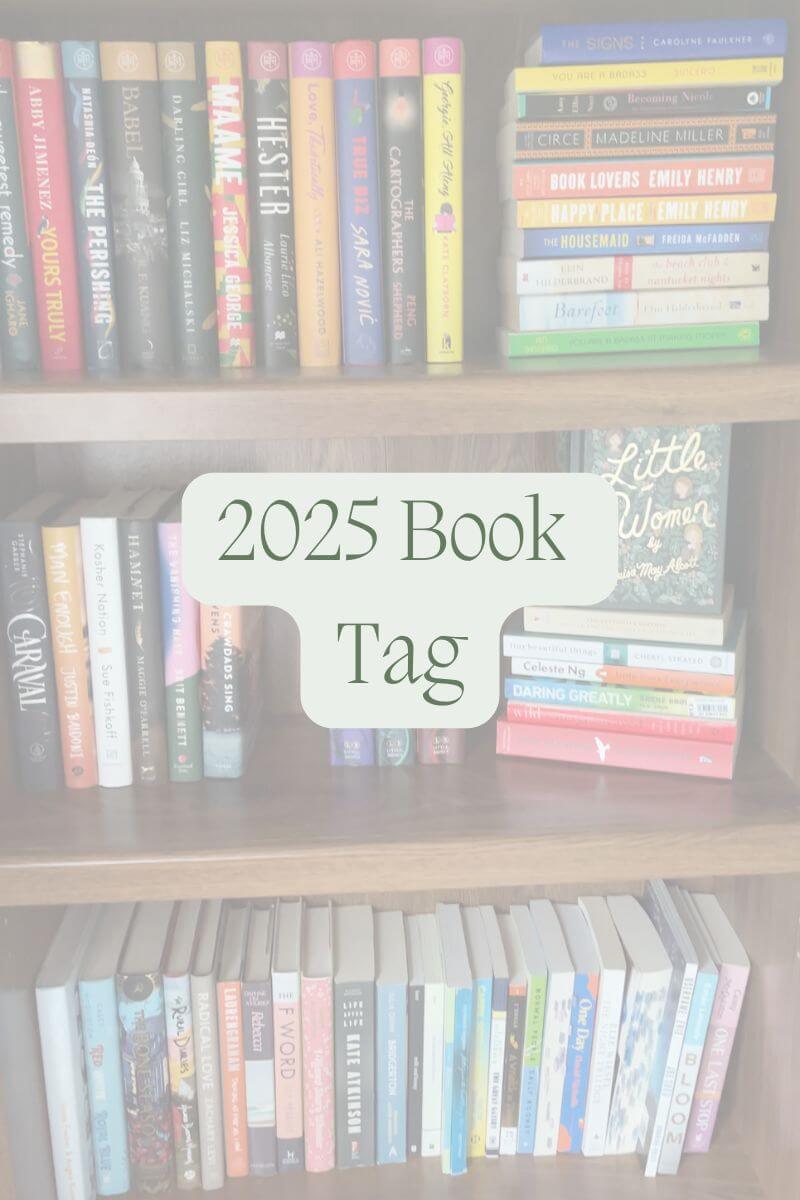 Blog post featured image; Background is a bookcase full of books, the wording is in a dark sage green with a light sage green background and says "2025 Book Tag"