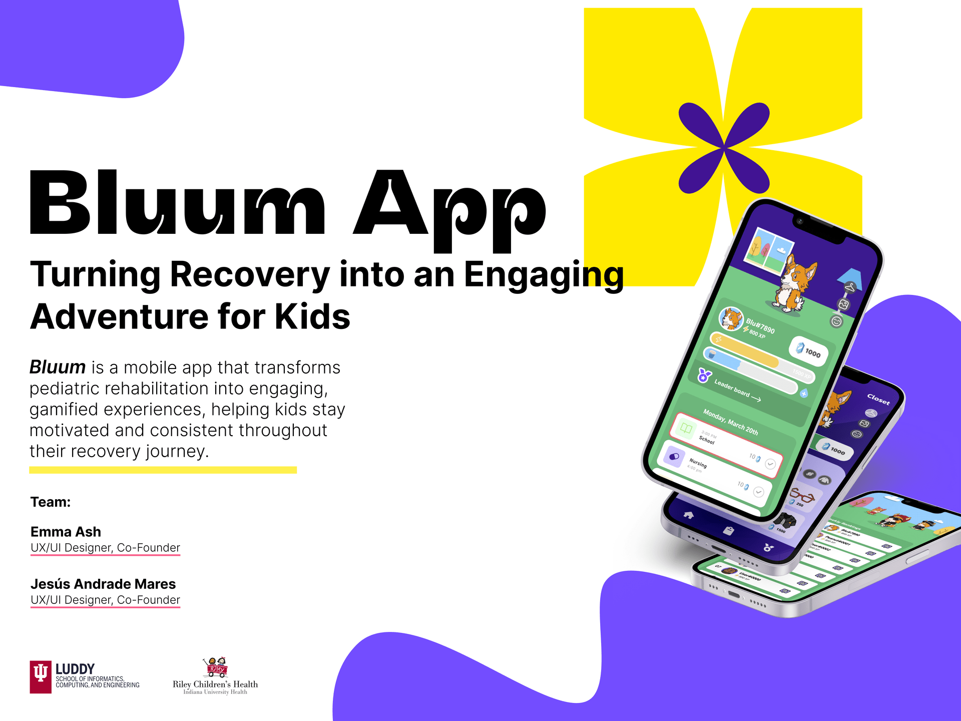 Poster promoting Bluum App, an inpatient pediatric rehab app.