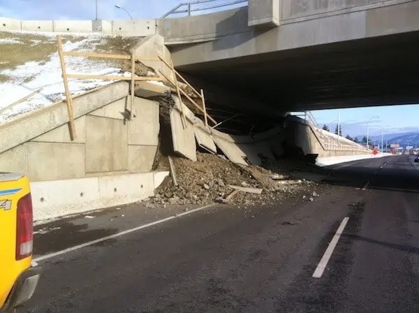 Retaining wall failure from unrelieved hydrostatic pressure behind the wall