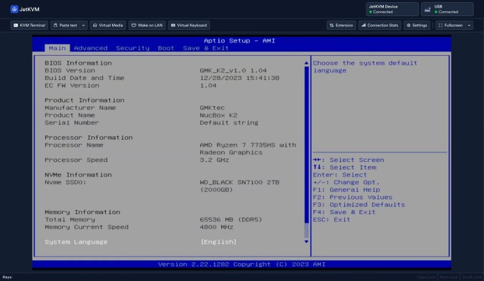 The JetKVM web interface showing the AMI BIOS setup screen of the connected machine