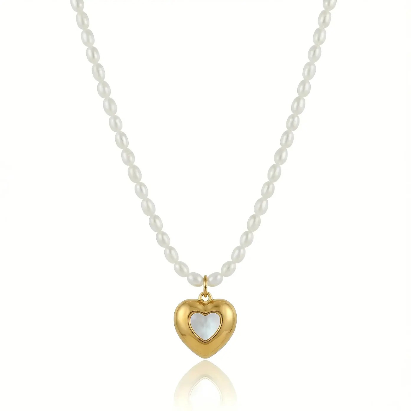 White Pearl Strand Necklace with Puffy Heart Shell Pearl Center Charm