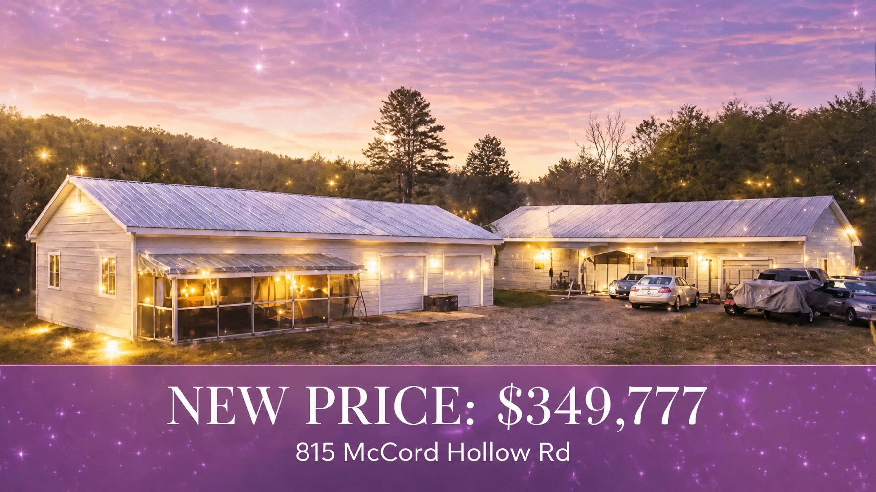 The real estate property at 815 McCord Hollow Rd showing the house and outbuilding at sunset.