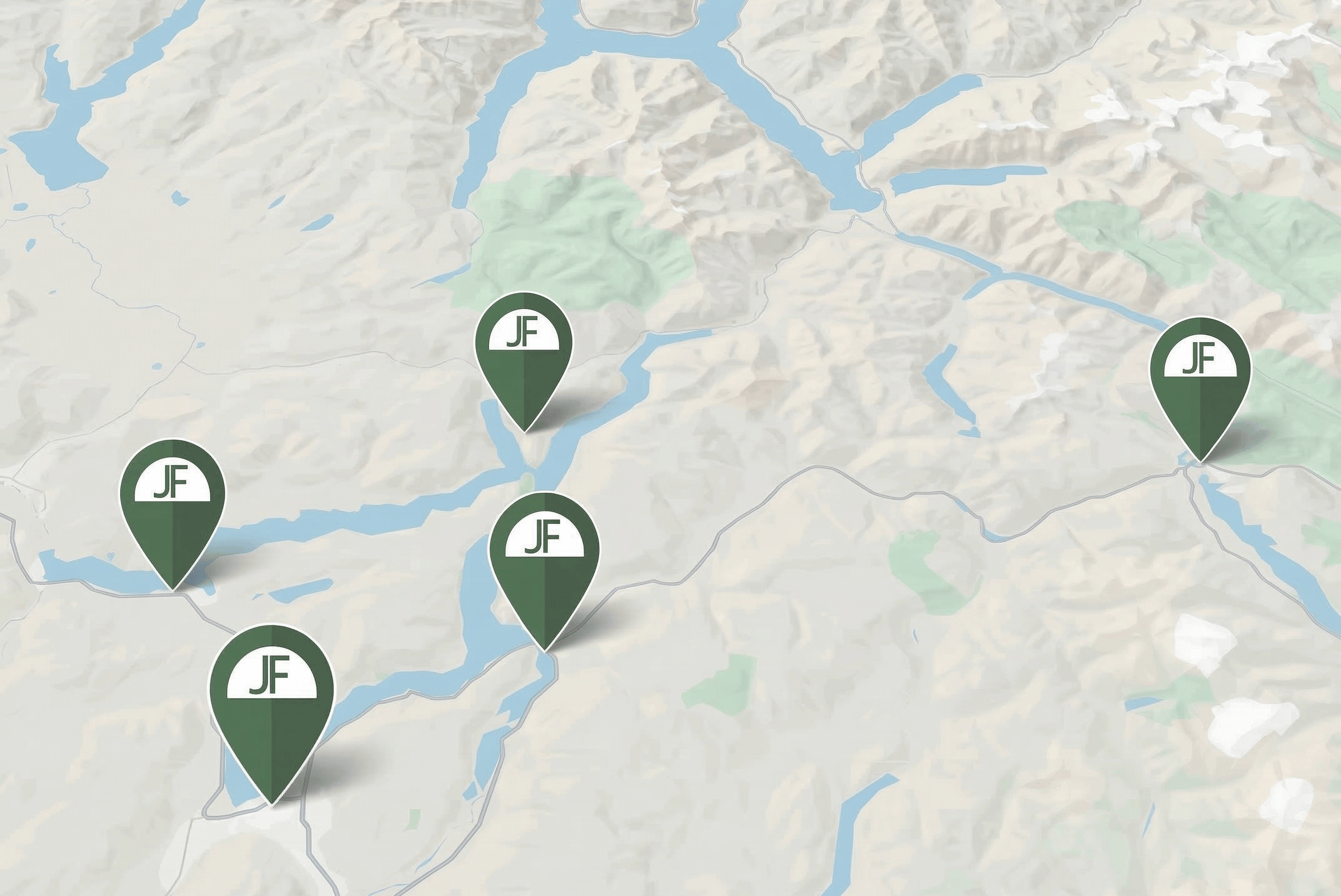 3D operations map of JF Landscaping service areas in the Okanagan and Shuswap, including Salmon Arm, Blind Bay, and Revelstoke.