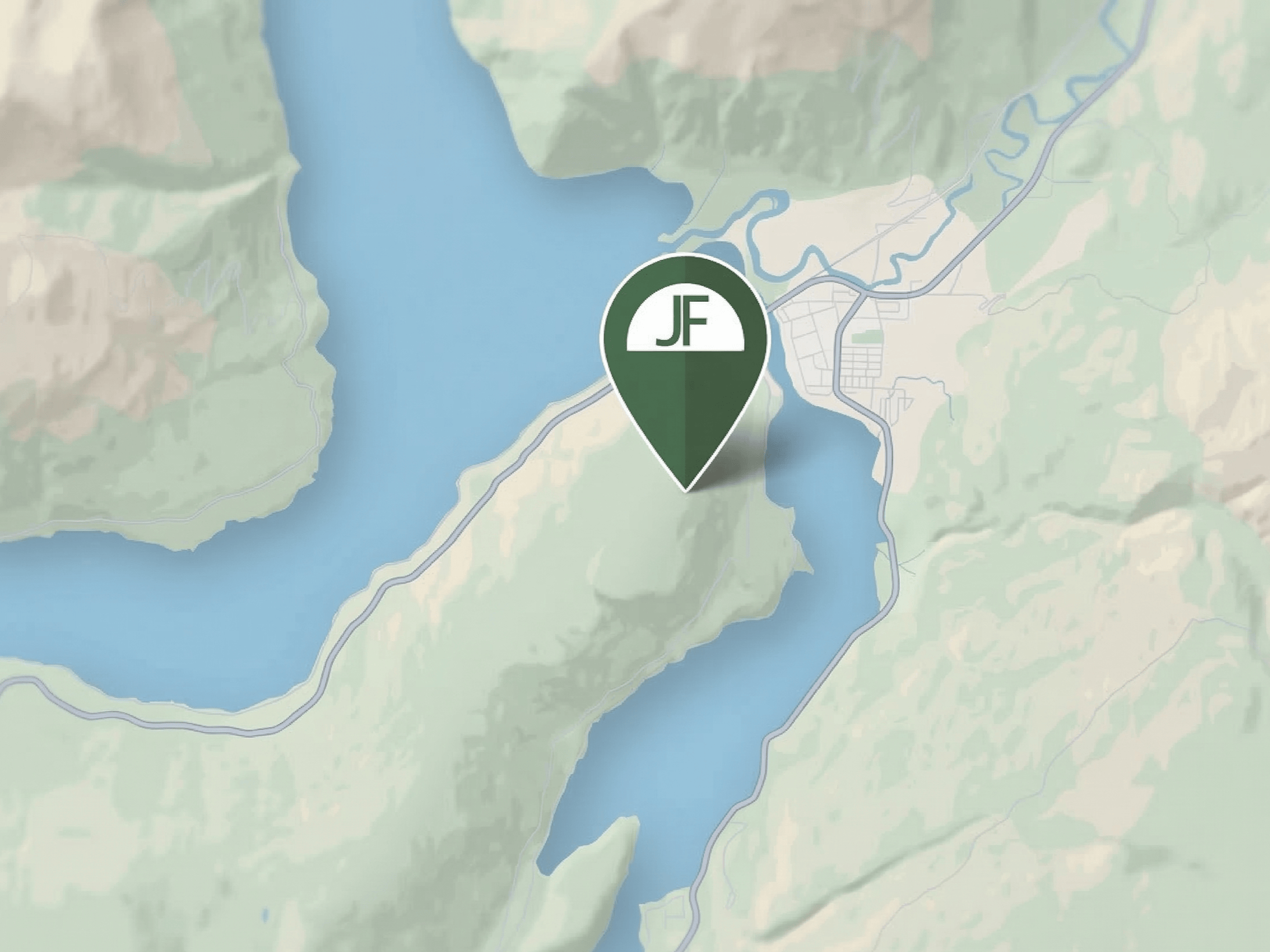 3D operations map of JF Landscaping service areas in the Okanagan and Shuswap, including Sicamous and Mara Lake.
