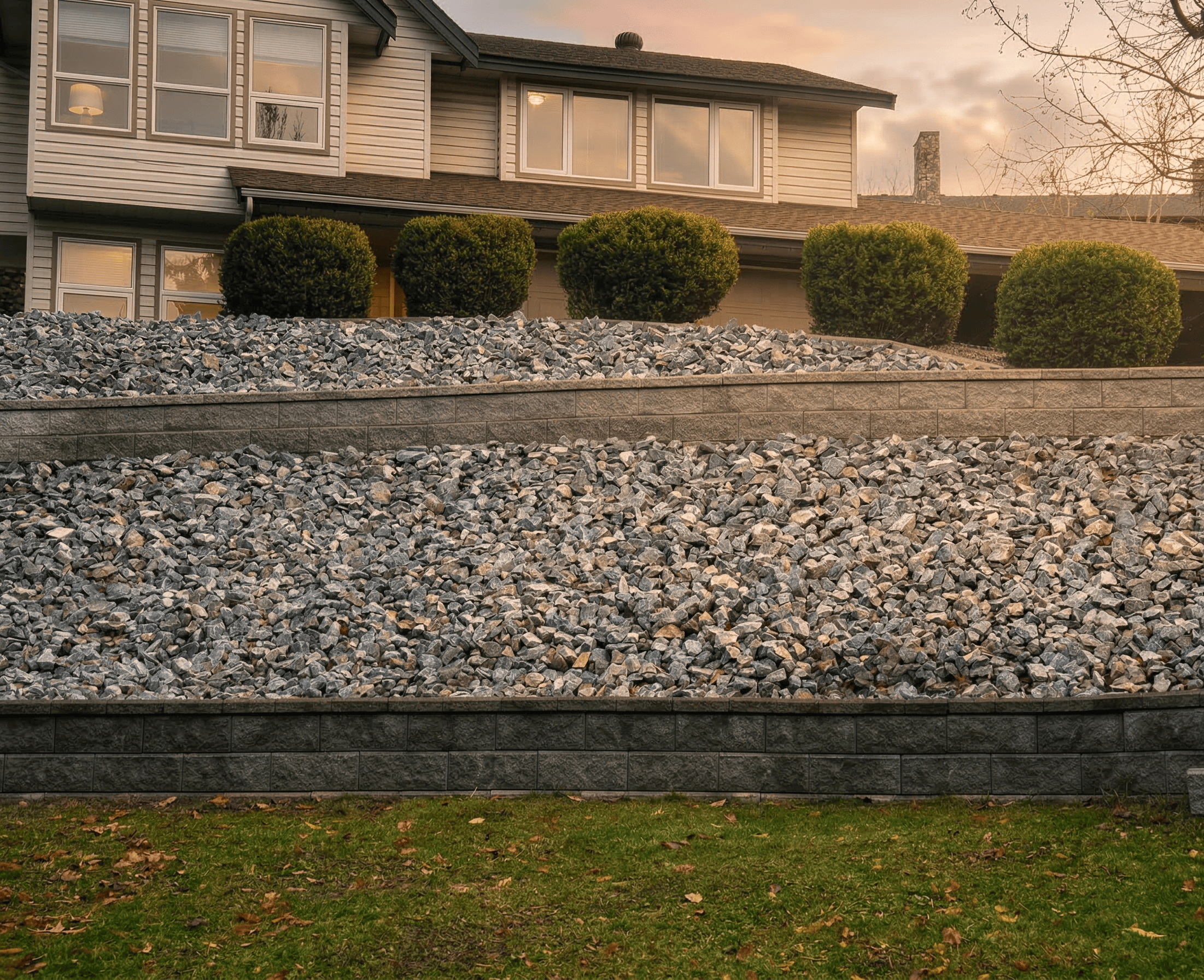 Long structural concrete block retaining wall holding back a steep gravel slope on a remote North Shore property in Eagle Bay.