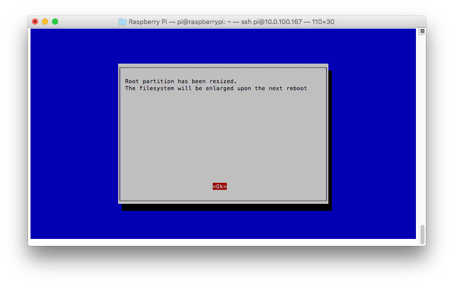 Raspberry Pi Configuration Tool (raspi-config) - Partition has been extended, confirmation screen