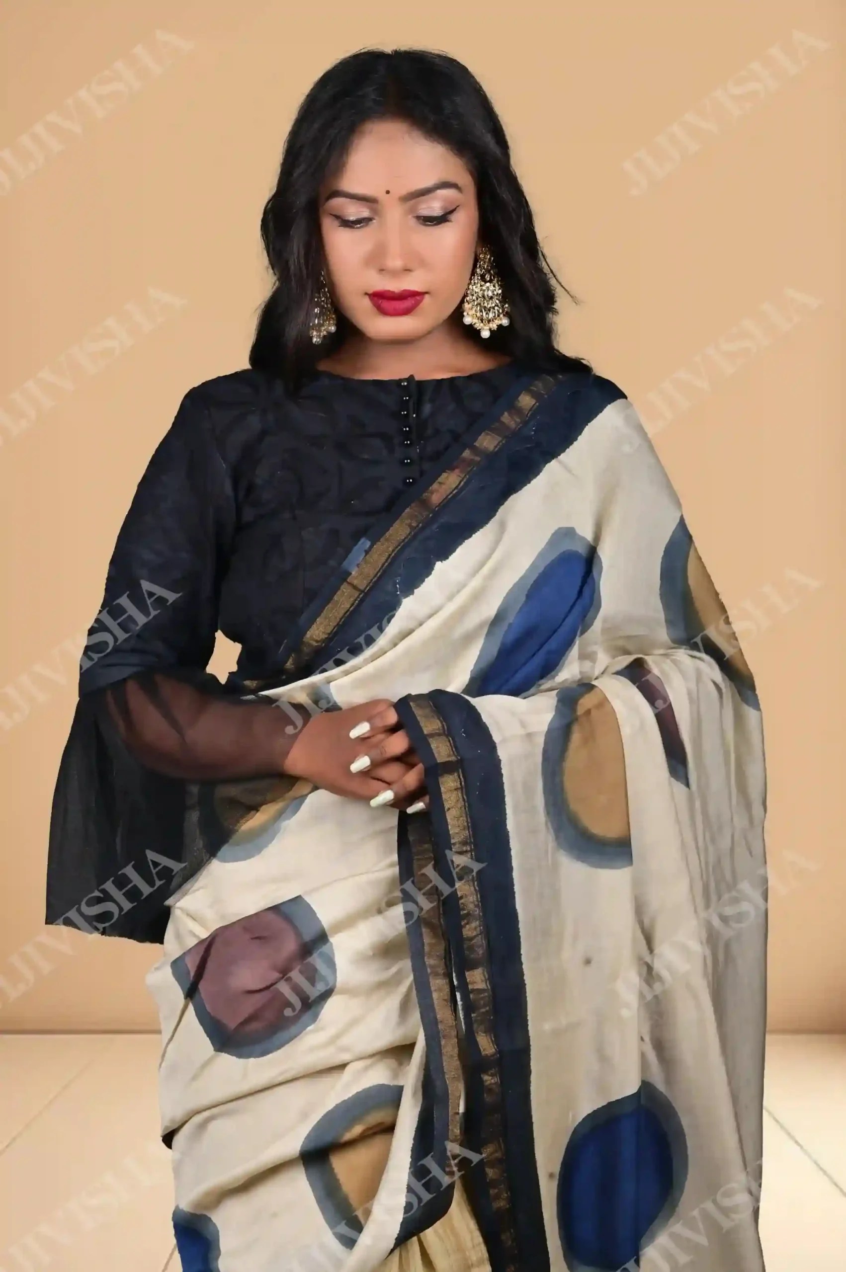 Buy Beige & Black Chanderi Cotton Saree Online