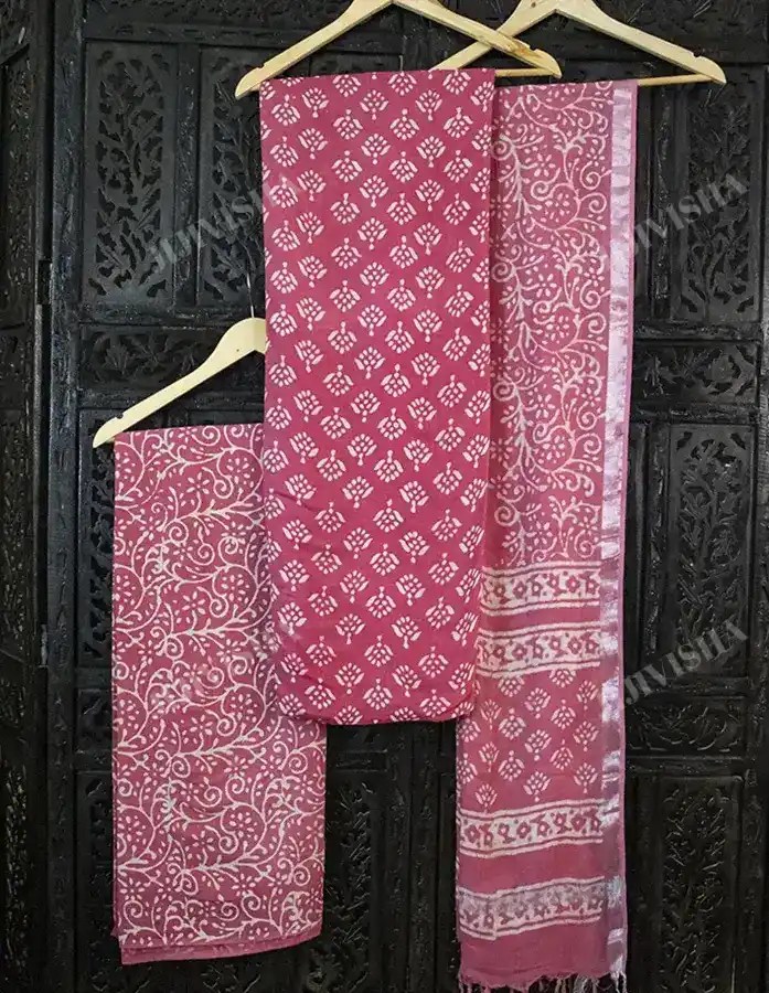 Buy Pink & Ivory Floral Hand Block Printed Linen Dress Material Online