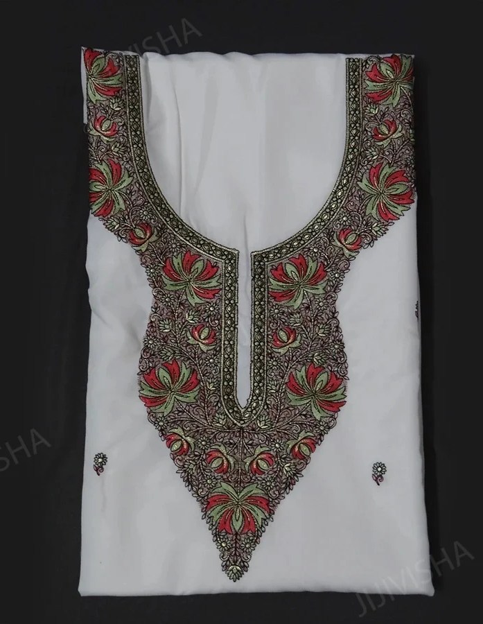 Buy Ivory Kashmiri Embroidered Cotton Dress Material Online