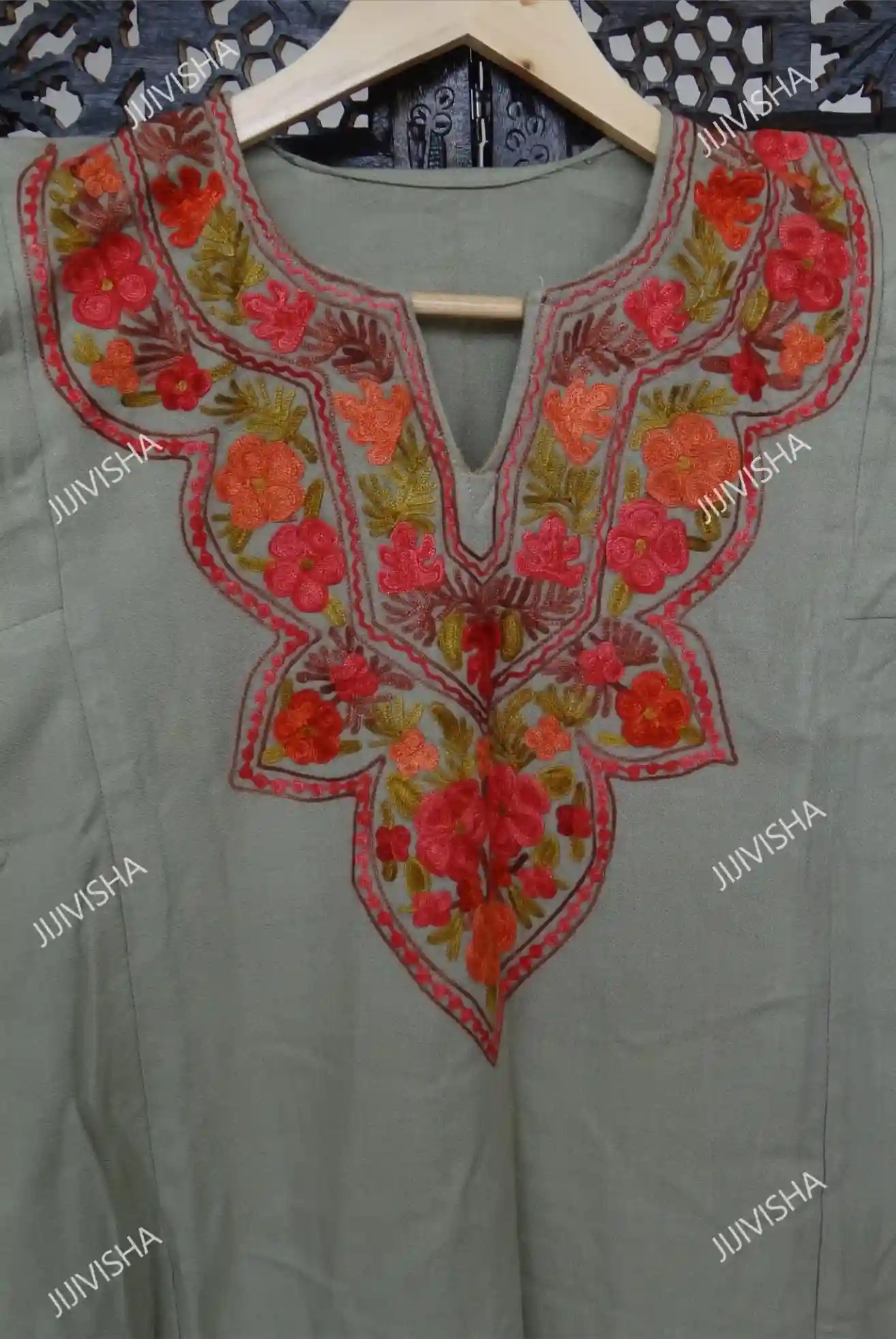Buy Grey Phiran with Kashmiri Embroidery on Neck Online
