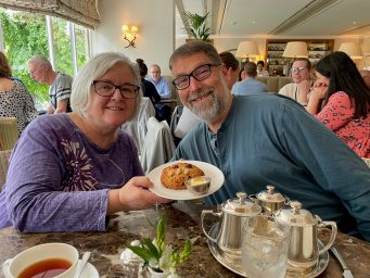 Sharing a Fat Rascal at Bettys in Harrogate.