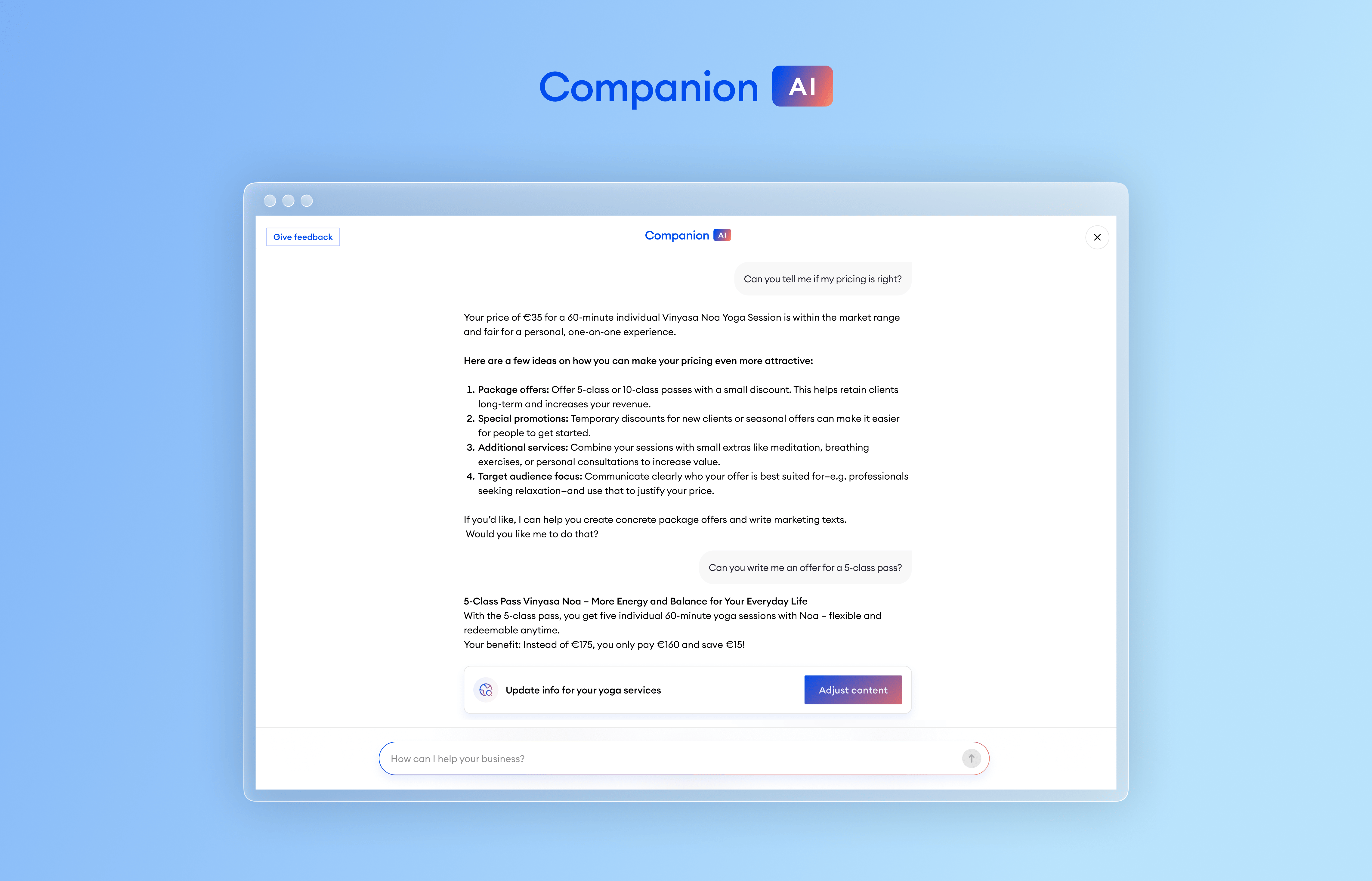 Screenshot of the Jimdo Companion AI showing yoga pricing advice and marketing text suggestions for small business owners.