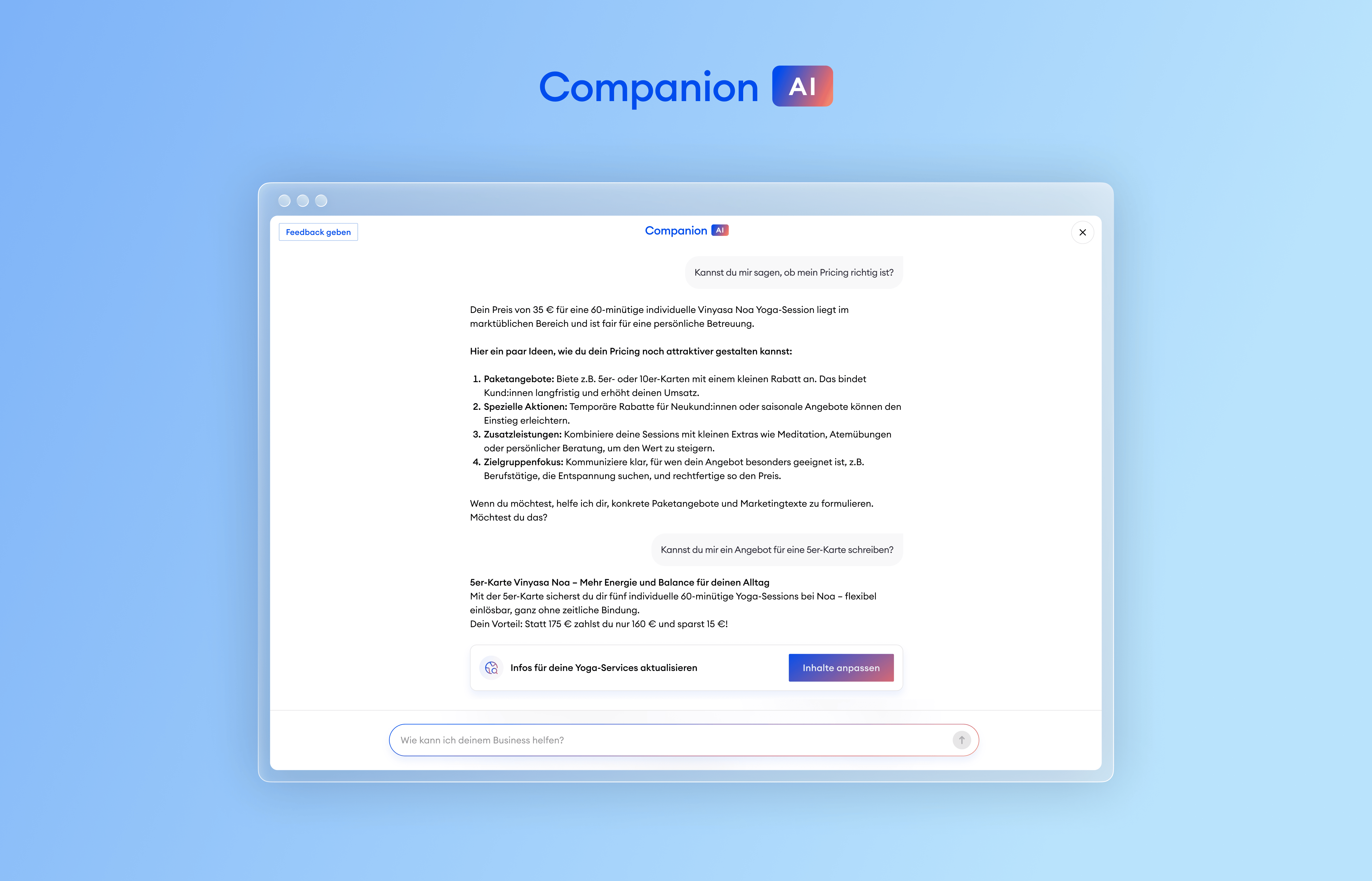 Jimdo Companion AI – Smart pricing and marketing suggestions for small businesses Jimdo Companion AI showing personalized pricing advice for a yoga teacher with smart business assistant recommendations inside the app interface