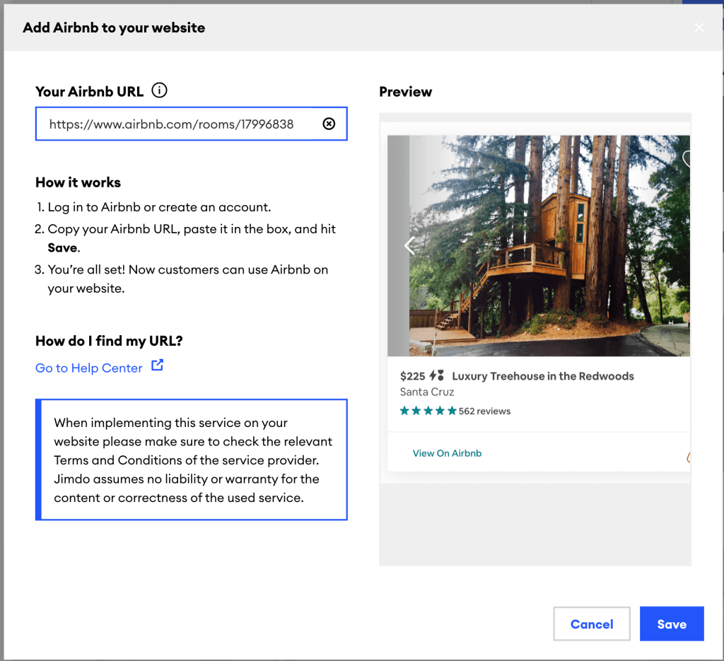 Capture d’écran montrant comment ajouter la page Airbnb de votre location saisonnière sur votre site Jimdo