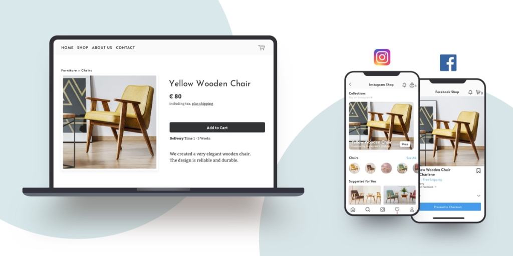An online shop built with Jimdo shown on Facebook and Instagram.