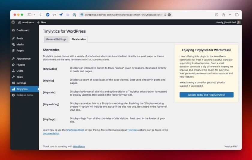 tinylytics-shortcodes.jpeg A WordPress admin page displays the settings for the Tinylytics for WordPress plugin, focusing on shortcodes and general settings options.