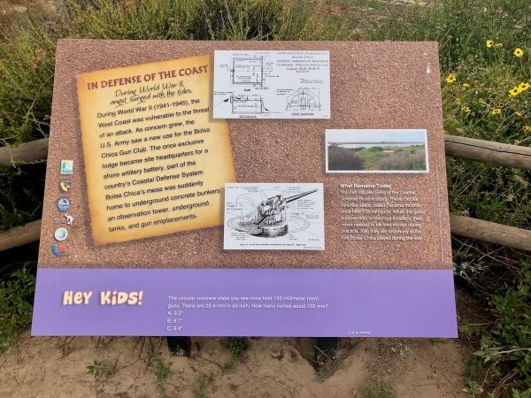 Auto-generated description: A historical information sign about coastal defense during World War II is displayed with illustrations and text, set against a background of greenery and flowers.