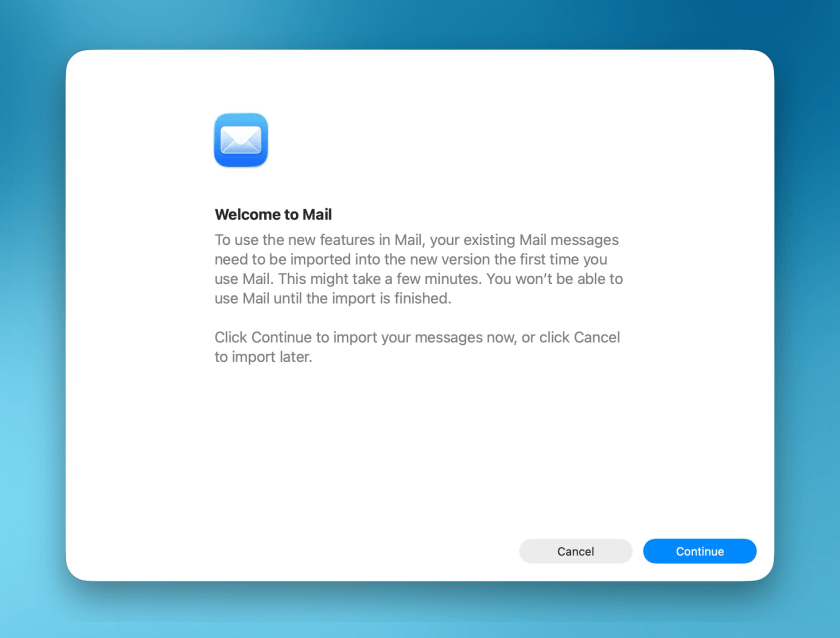 A welcome screen for a mail application instructs users to import existing messages and offers \