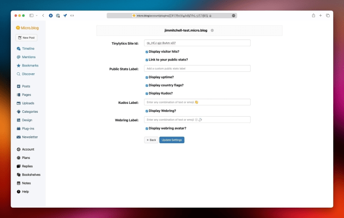 The Tinylytics for Micro.blog settings panel.