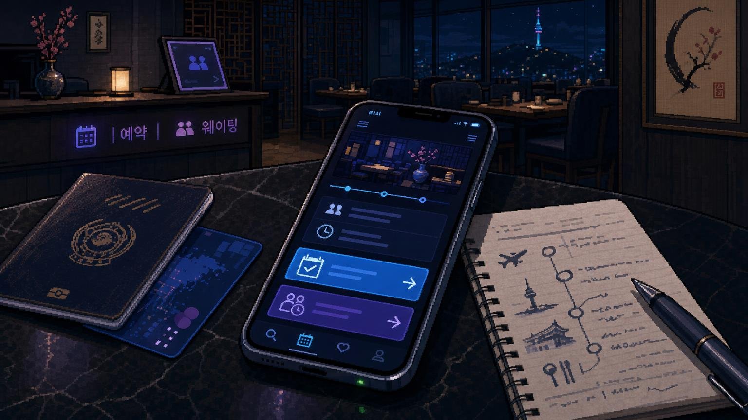Smartphone reservation screen beside a passport and overseas card at a Korean restaurant table.