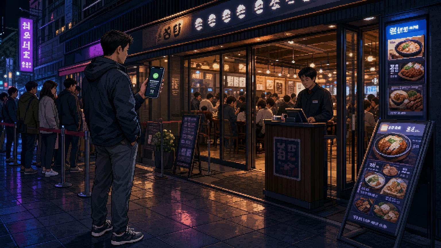 Adult male traveler checking a remote restaurant waitlist outside a busy Korean restaurant.
