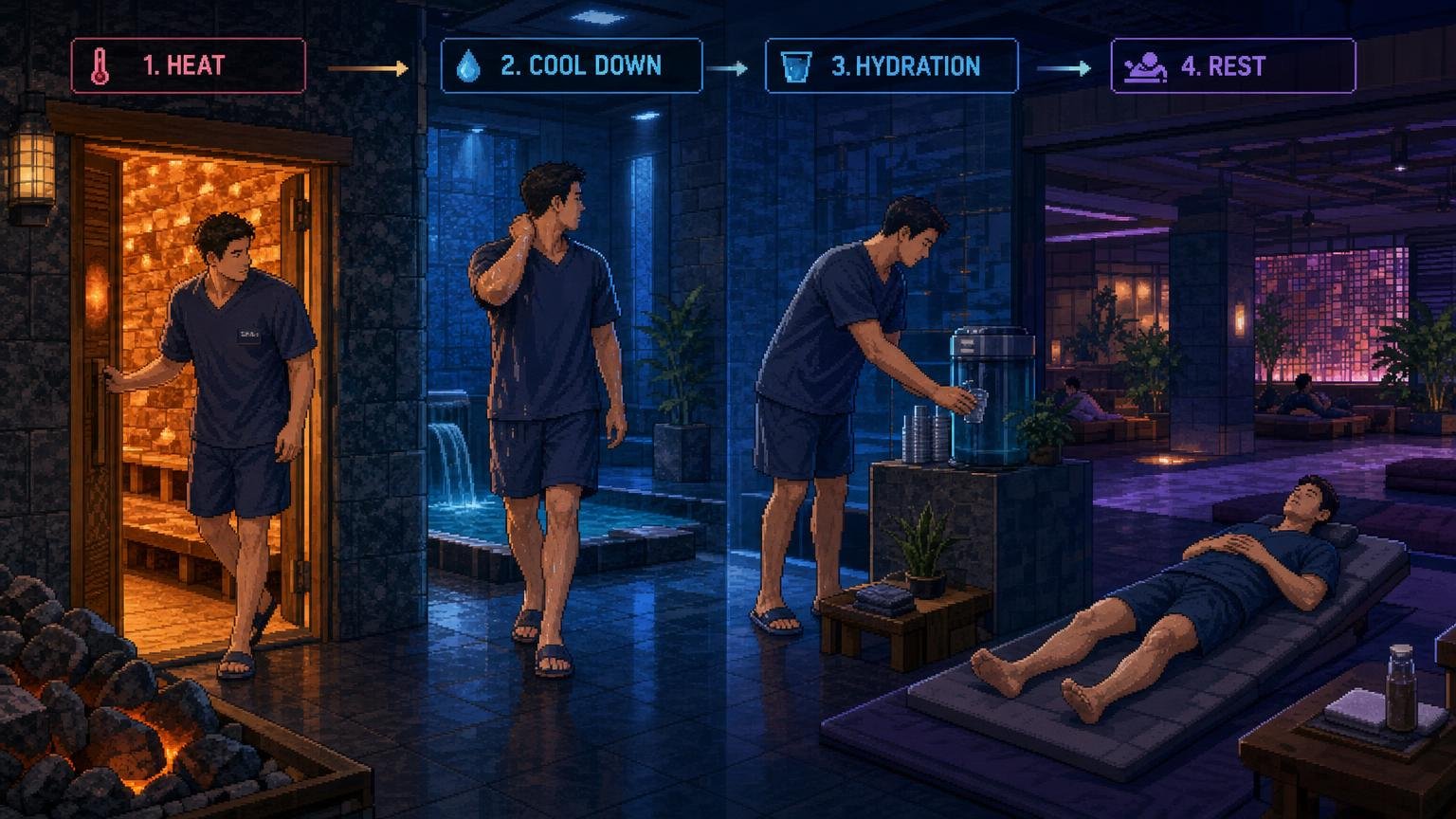 Adult male traveler in spa clothes cooling down and drinking water beside a jjimjilbang sauna room.