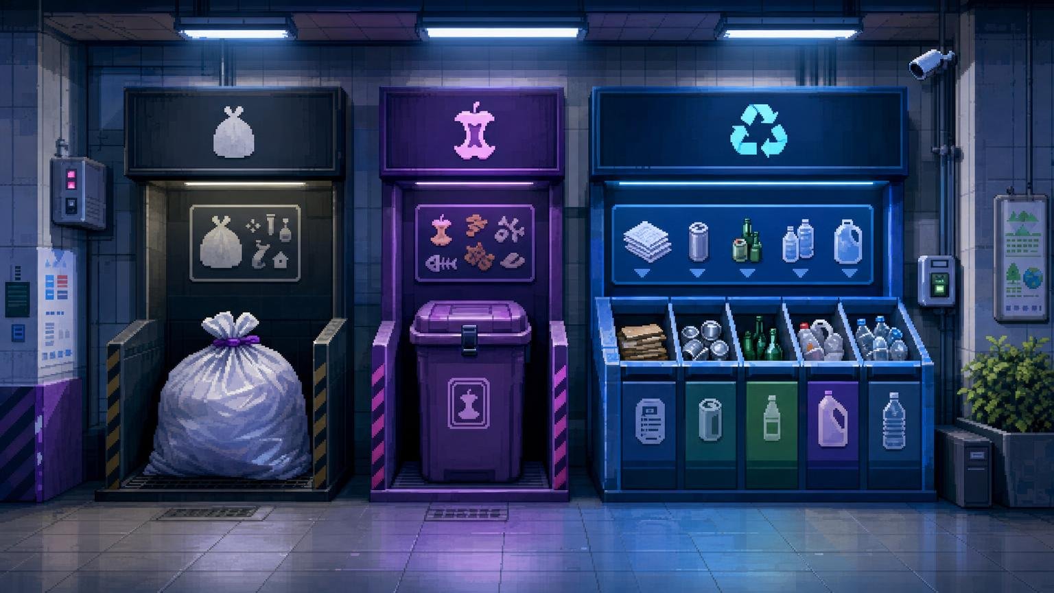 Separate ordinary waste, food waste, and recycling stations in a Korean apartment collection area