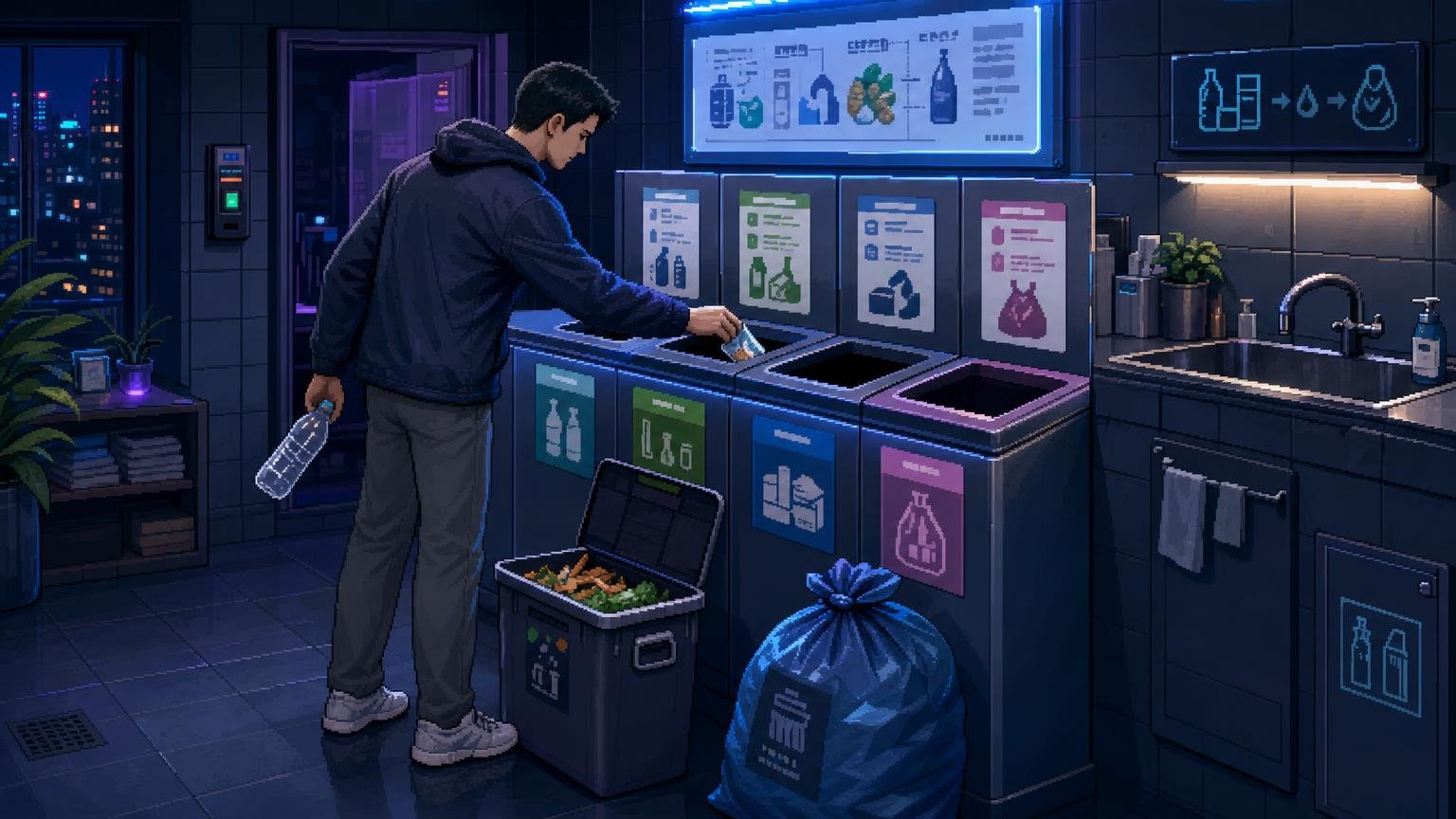 Male traveler separating a plastic bottle and packaging at a Korean guesthouse recycling station