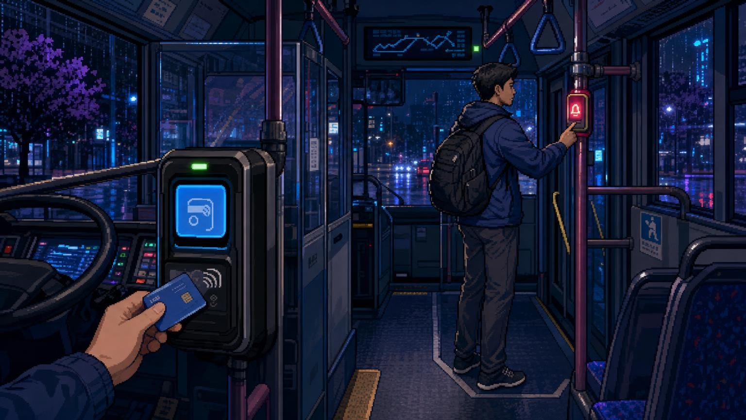 Adult traveler tapping a transportation card and preparing to press the stop bell inside a Korean city bus