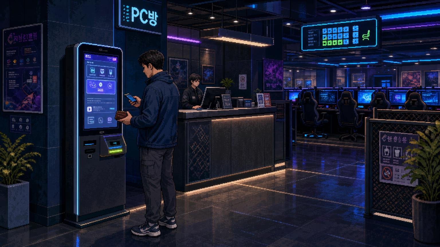 Traveler using a PC bang payment kiosk to choose guest access before selecting a computer seat.