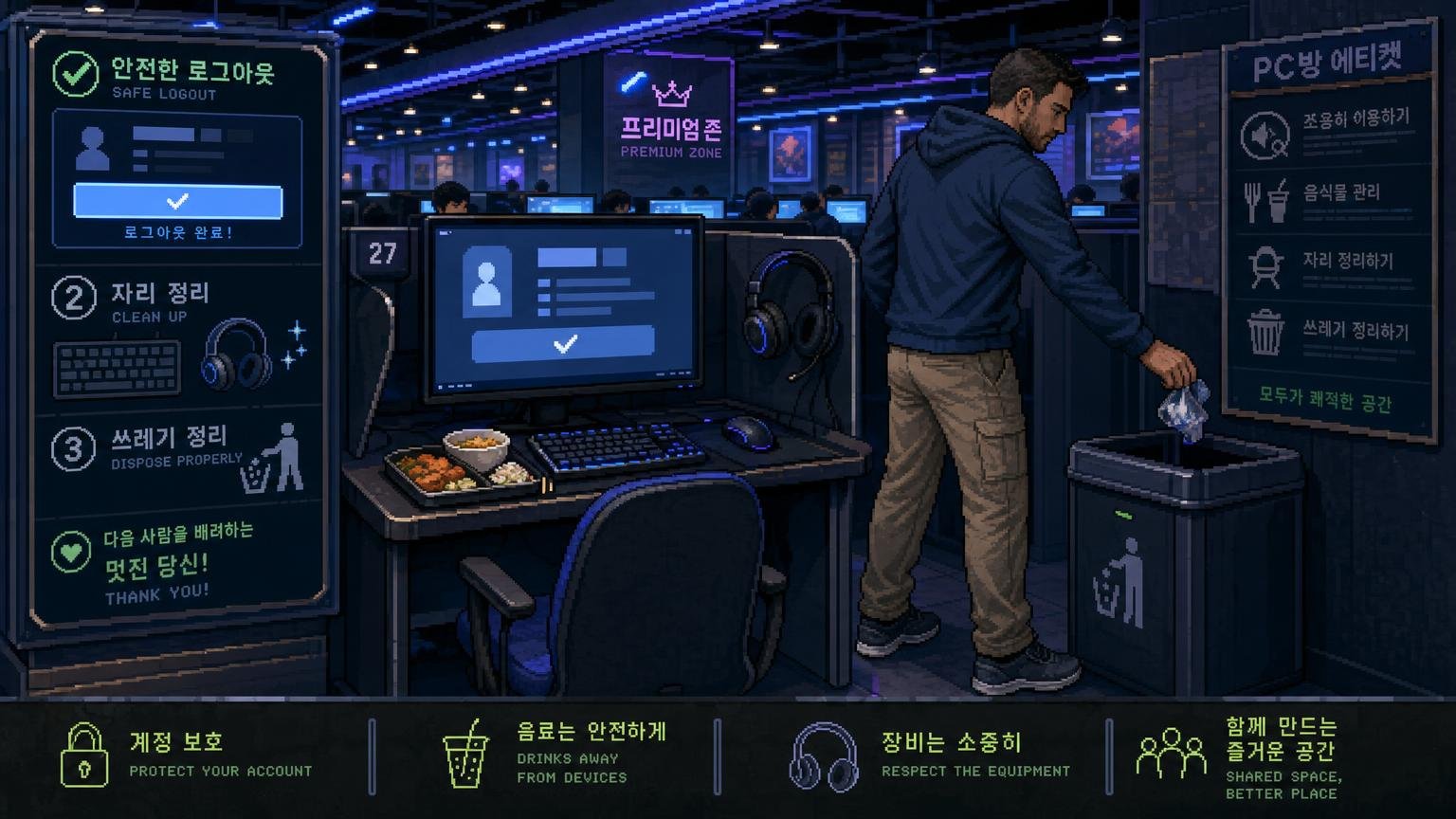 Traveler logging out and clearing a PC bang workstation after eating and using the computer.