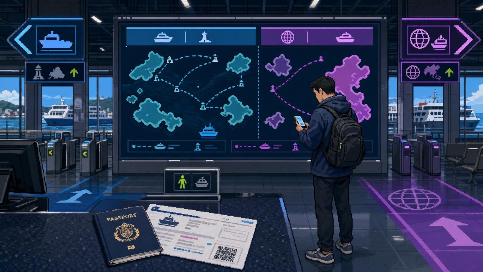 Traveler checking a Korean coastal ferry route and passport at a ferry terminal ticket counter