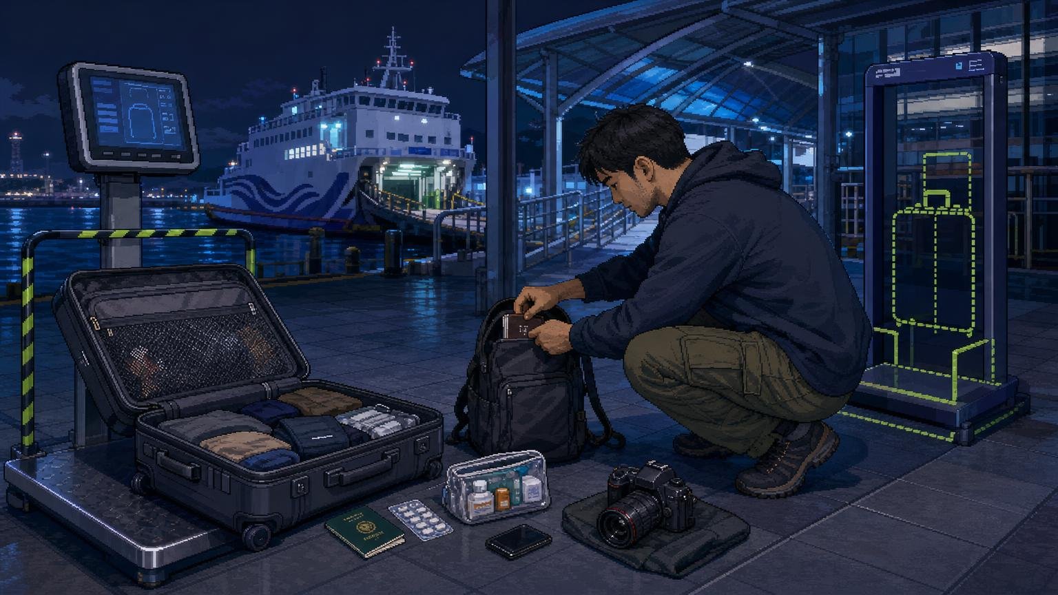 Suitcase and essential items being separated for boarding a Korean island ferry