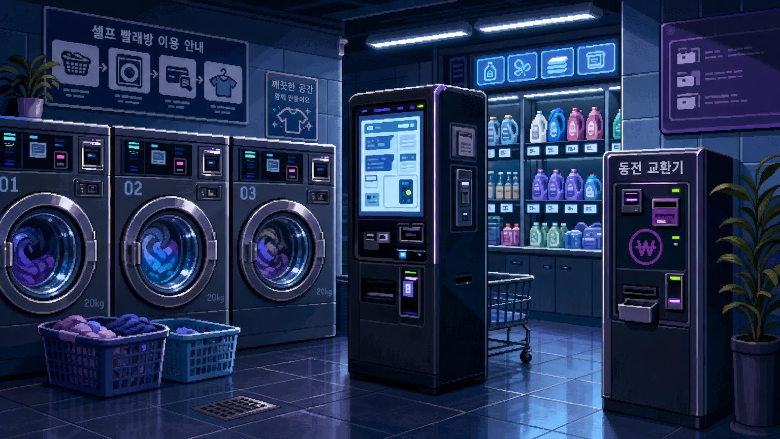 Self-service laundromat with washing machines, payment kiosk, and coin changer in Korea