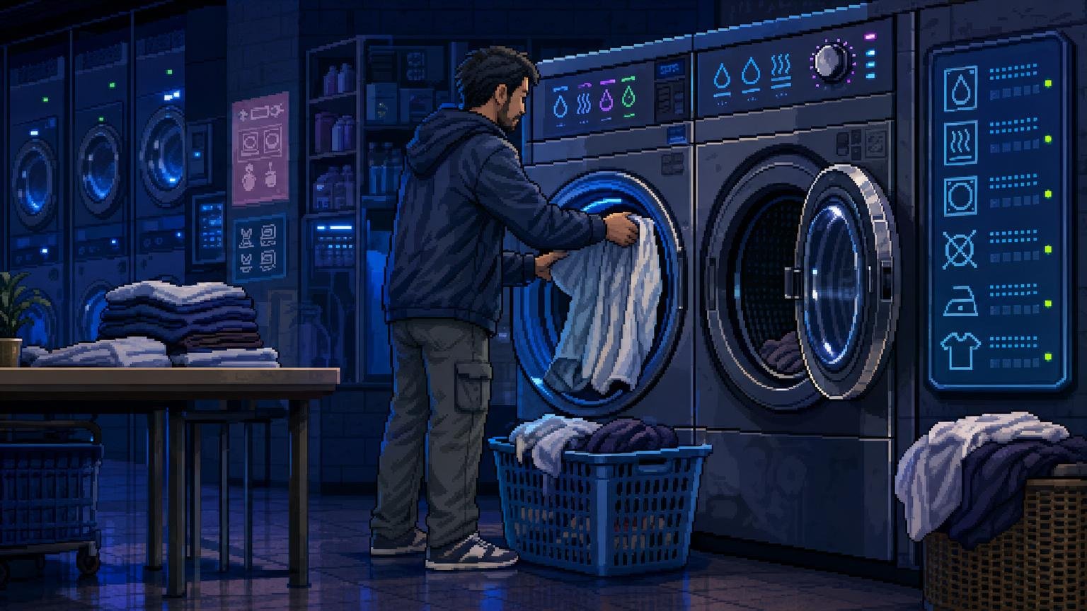 Traveler moving wet clothes from a Korean washing machine into a dryer