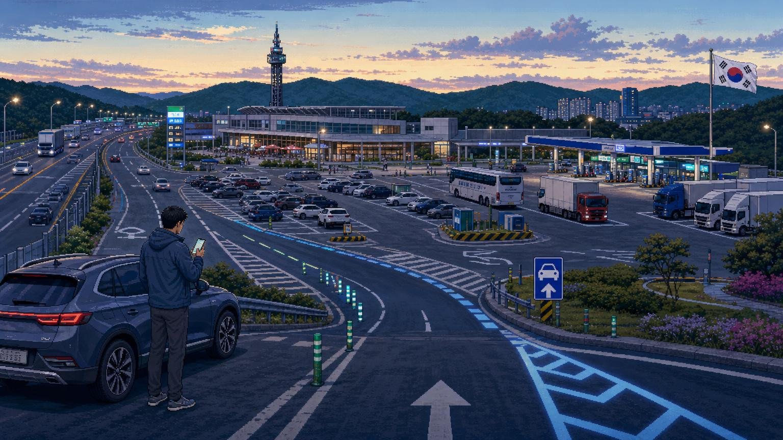 Adult male traveler checking the correct entrance and parking layout at a Korean highway rest area.