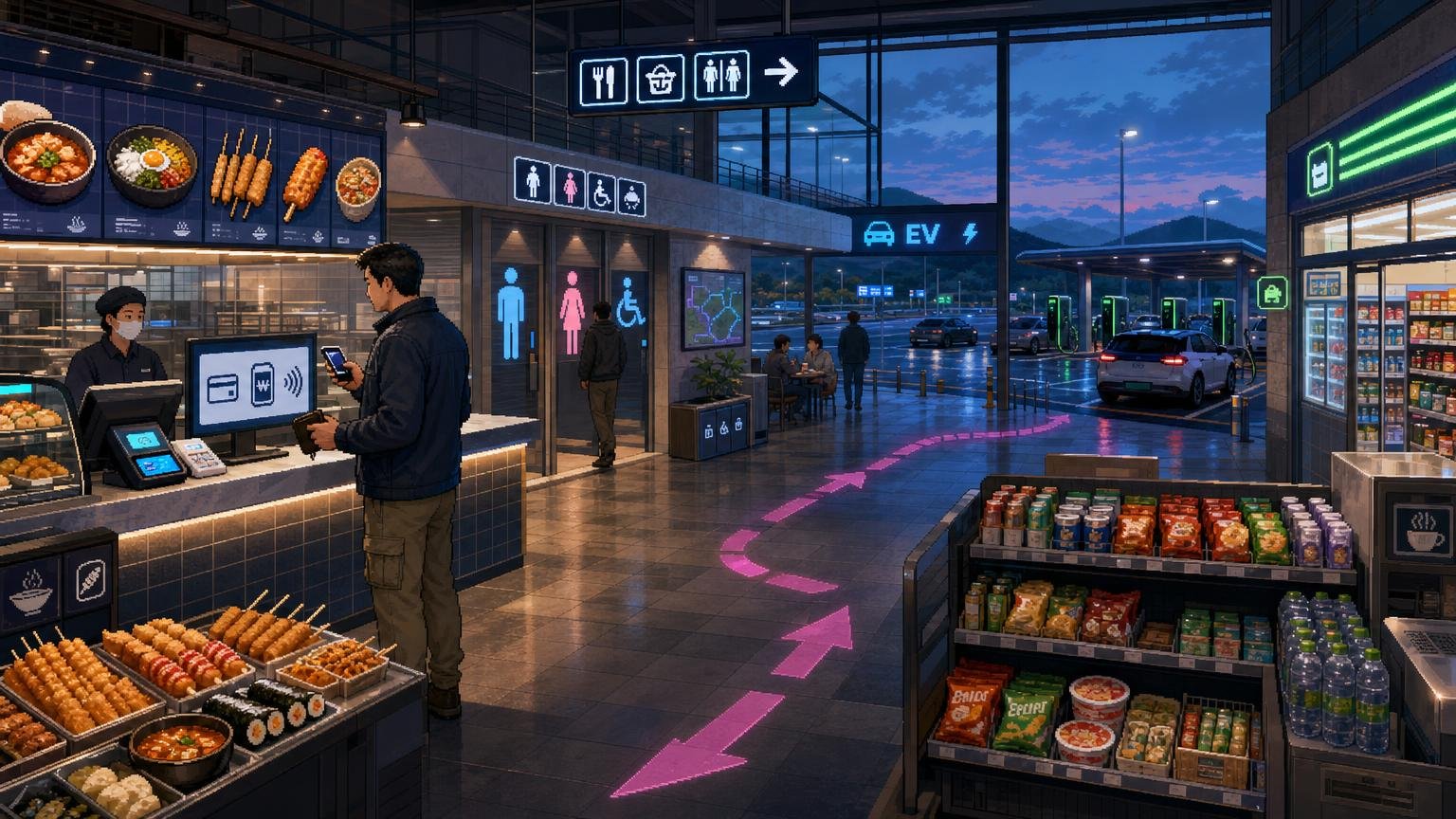 Traveler using the food court and checking payment options beside service facilities at a Korean highway rest area.