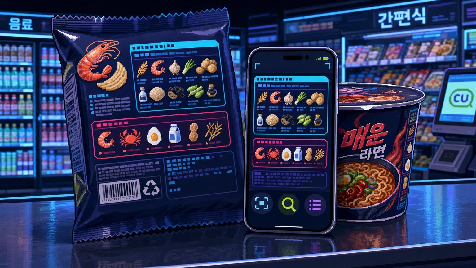 Traveler’s packaged Korean food with the ingredient and allergen areas highlighted for label checking.