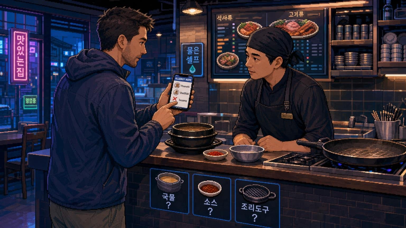 International traveler showing a dietary restriction note to restaurant staff before ordering in Korea.
