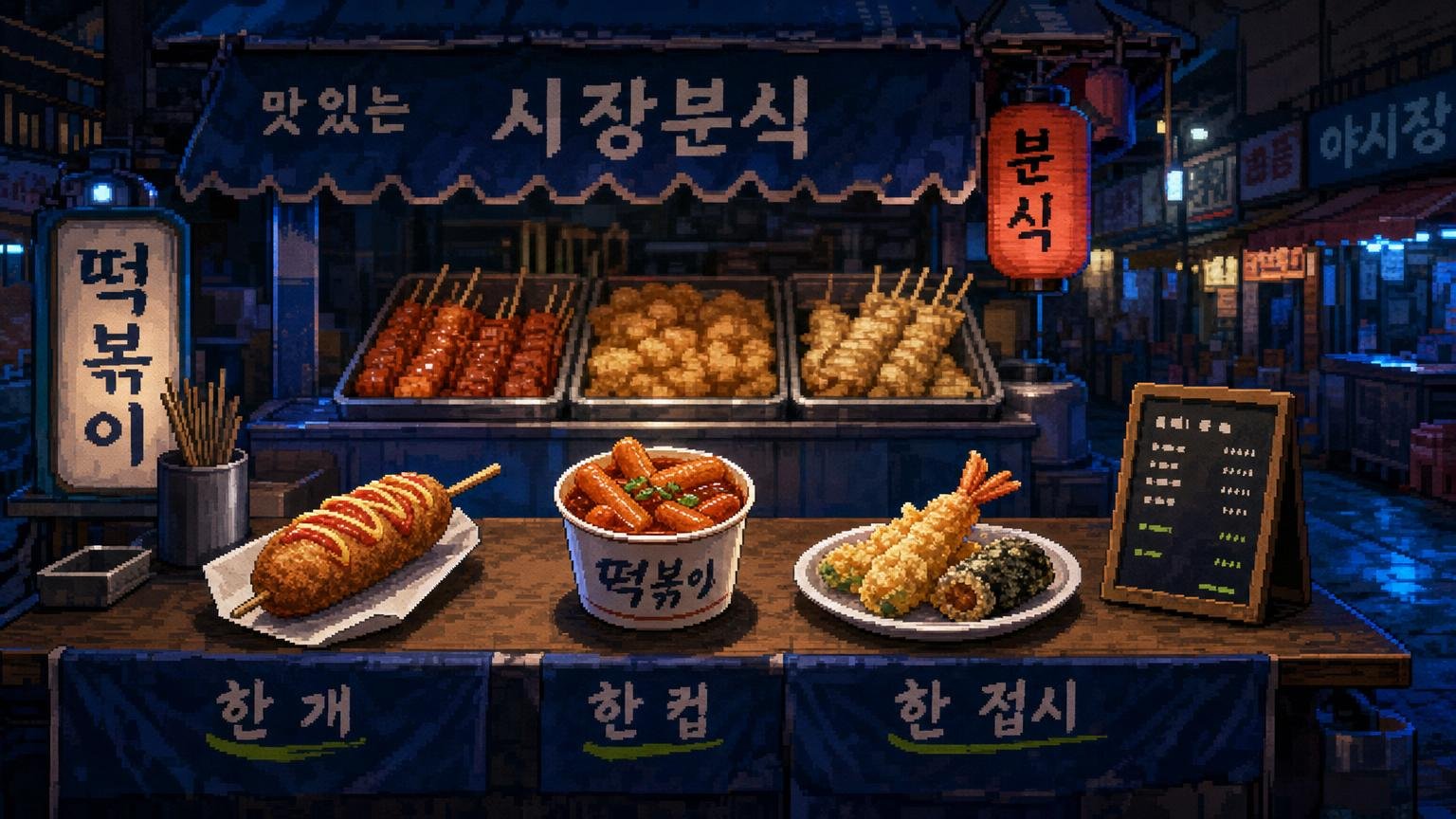 Korean market stall showing different street-food portion sizes by piece, cup, skewer, and plate.