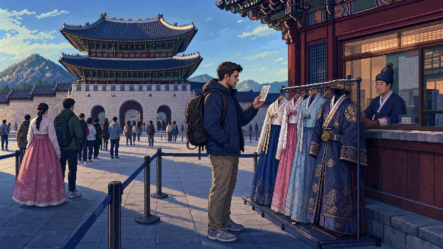 Traveler comparing palace admission options beside a Korean palace ticket counter