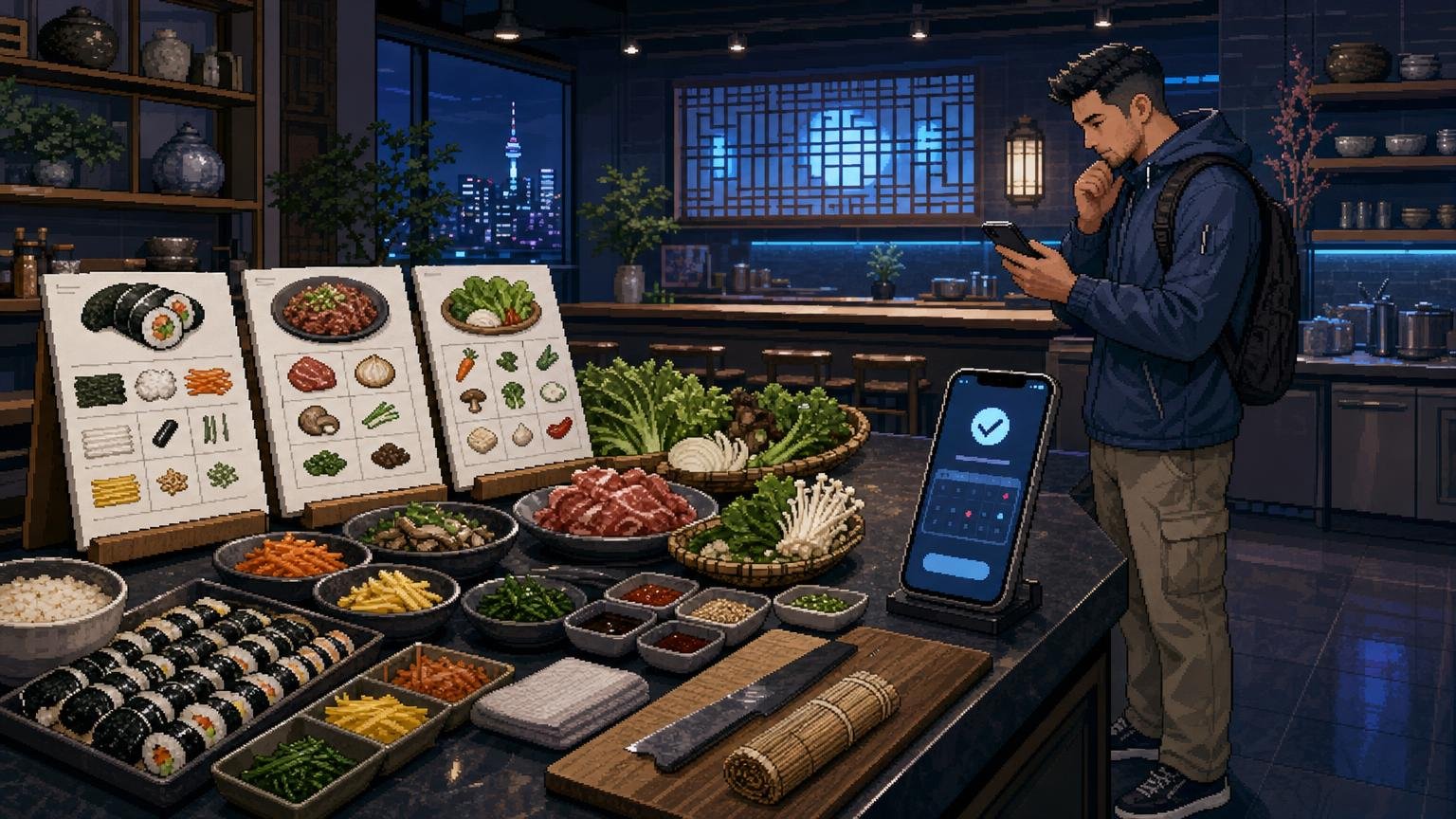Traveler checking a Korean cooking class booking and ingredients in a modern Seoul cooking studio